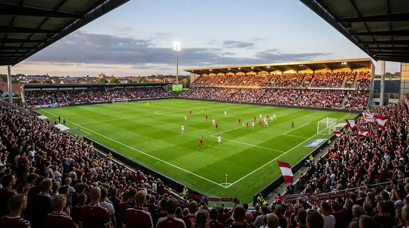 Superliga-fodboldstadion i Danmark med fuldt tilskuerbillede under en aftenkamp, kontekst for topliste over bedste bookmakere
