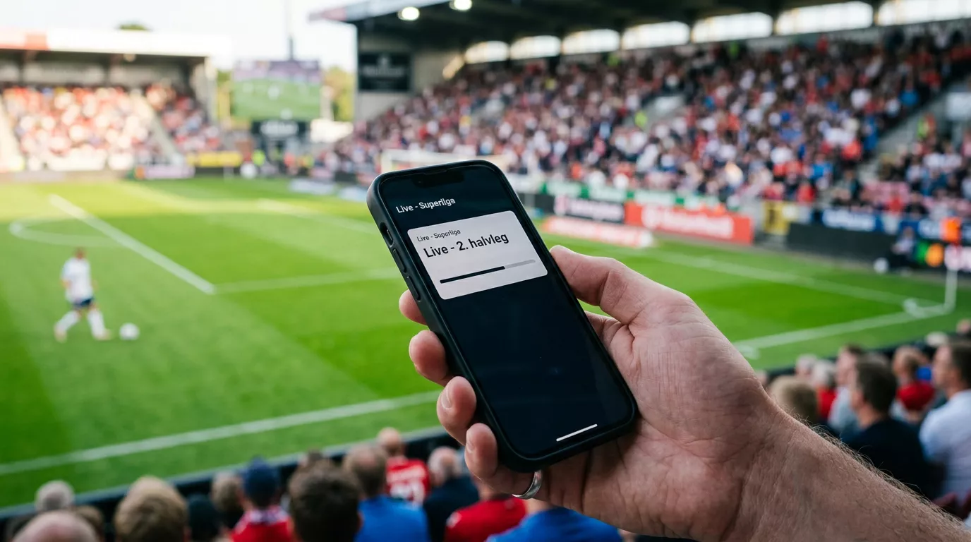 Hånd med smartphone der viser en live-betting-app under en fodboldkamp på et dansk stadion