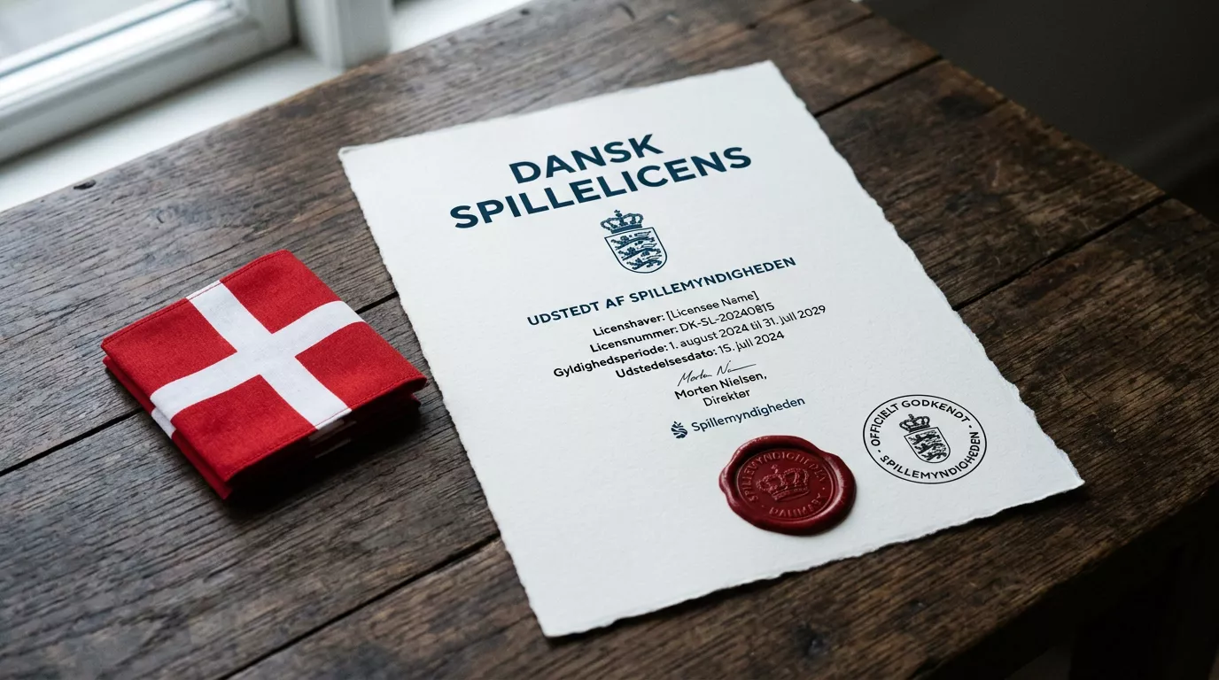 Officielt dokument med Spillemyndighedens dansk spillelicens og godkendelsesstempel fra tilsynsmyndigheden
